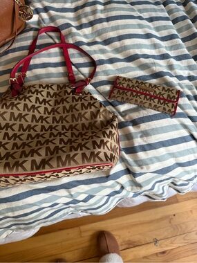 Michael Kors Brown MK Logo Shoulder Bag with Pink Trim and Wallet